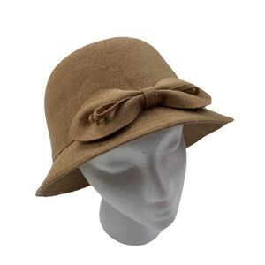 D&Y Camel Cloche Hat Bow Accent Women’s OS Polyester Cotton Blend Vintage Style